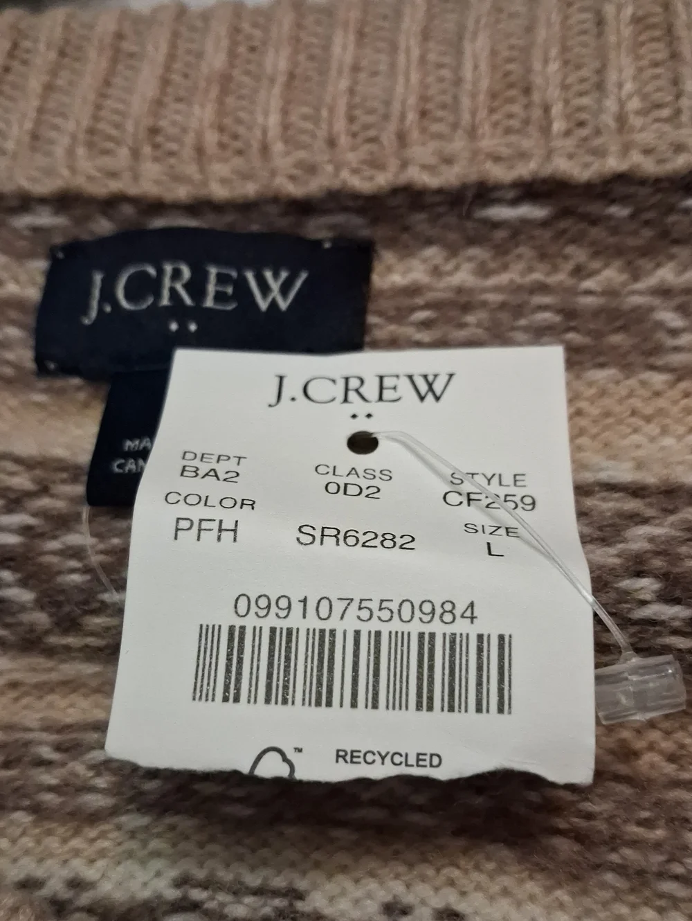 J. Crew Factory Men's Large Lamb Wool Beige and Cream Fair Isle Crewneck Sweater